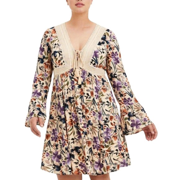 torrid Dresses & Skirts - Torrid Womens Dress Mini Gauze Lace Up Skater Crochet Bell Sleeve Boho Floral 1